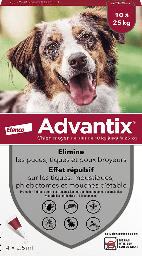 ADVANTIX Solution ext chien moyen 10-25kg 4Pipettes/2,5ml