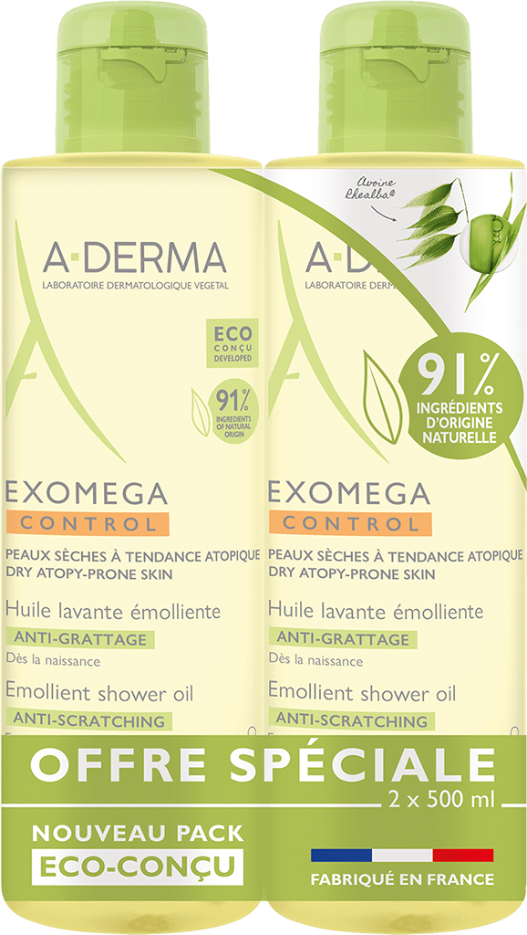 ADERMA EXOMEGA CONTROL Huile lavante émolliente anti-grattage 2 flacons  de 500ml