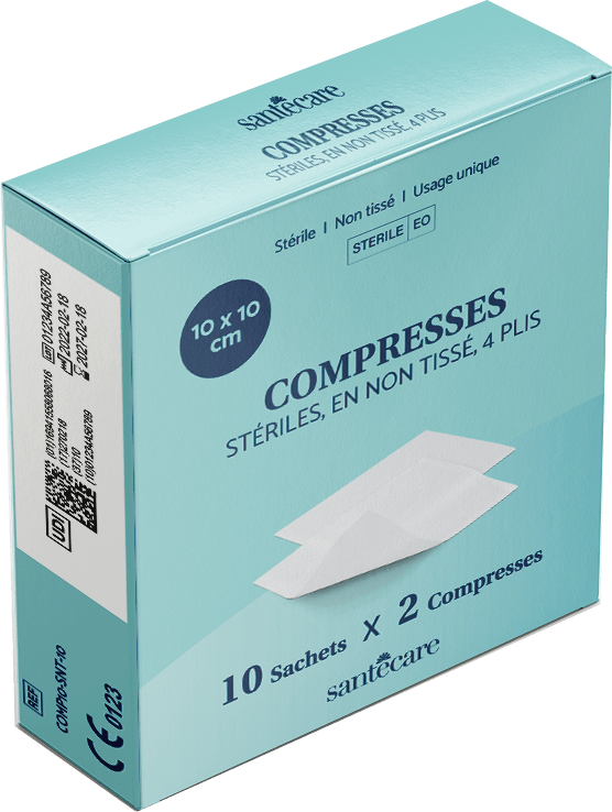 Santecare Compresses stériles, en non tissé, 4 plis - 10 sachets x 2  compresses - 10x10cm